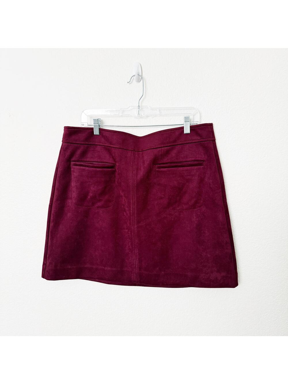 [LOFT] Burgundy Maroon Vegan Suede A-Line Mini Skirt Slit Pockets Mod Twee Sz 16